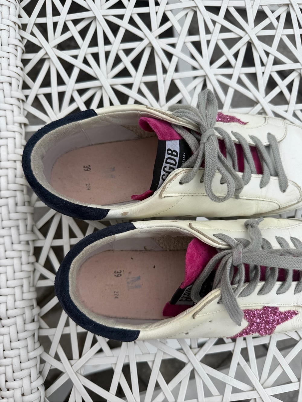 Golden Goose women’s White Leather Sneakers with Pink Glitter Star and Navy Heel - Picture 13 of 13